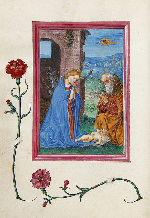 "Nacimiento de Jesús". Libro de horas de Gian Giacomo Trivulzio. Inventario de la Biblioteca Lázaro Galdiano nº 15454, f. 70v.