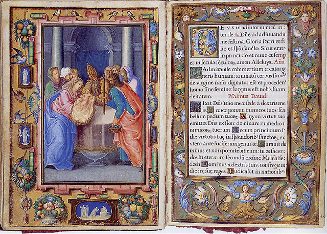 FRAY ANDRÉS DE LEÓN: "Presentación de Jesús en el Templo", 1568. Real Biblioteca del Monasterio de San Lorenzo de El Escorial, Vitrina 2, Breviario de Felipe II (Liber Missarum et Officiorum), f. 18v y Marco, f. 19r.