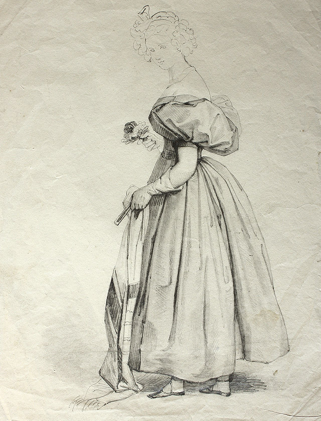 Rosario Weiss. Mujer con fular, abanico y flores. Burdeos o Madrid, 1830-1838. Lápiz negro sobre papel. Inv. 8697. Filigrana: una concha y, debajo de ésta, letras cortadas