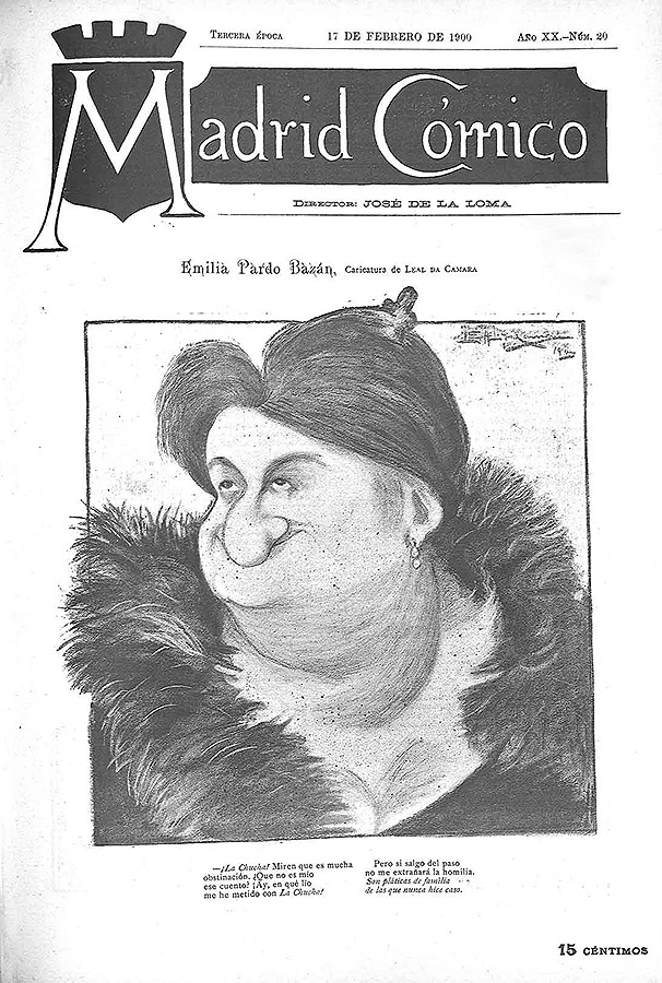 La caricatura de Emilia Pardo Bazán por Tomás Leal da Câmara fue portada de la revista "Madrid Cómico" el 17 de febrero de 1900