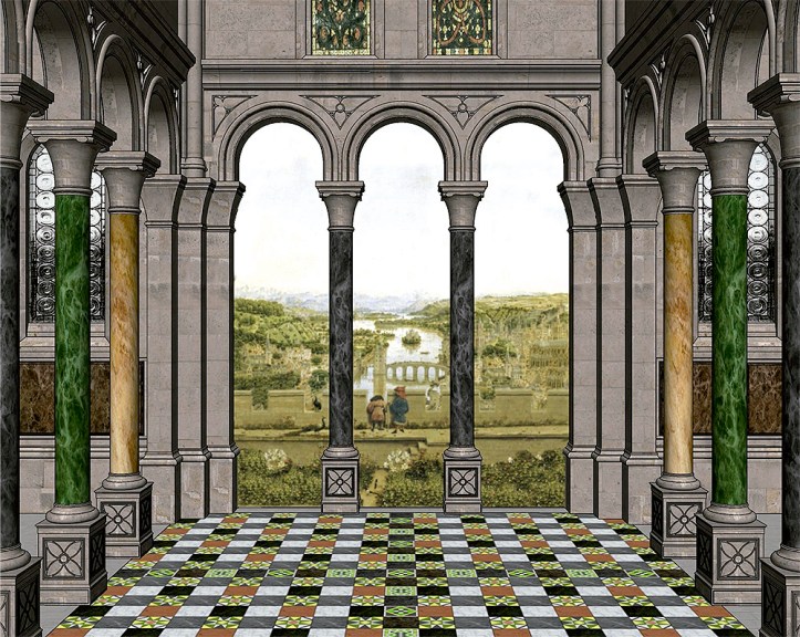 Reconstrucción 3D del espacio de la "Madonna Rolin" (© César López Pierre y Manuel Parada López de Corselas).