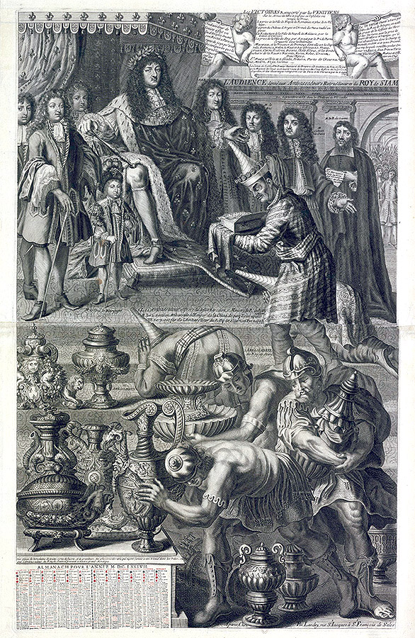 Pierre Landry: "Audiencia de Luis XIV a los embajadores extraordinarios del Rey de Siam en el palacio de Versalles", 1687. Source gallica.bnf.fr / Bibliothèque nationale de France, París.