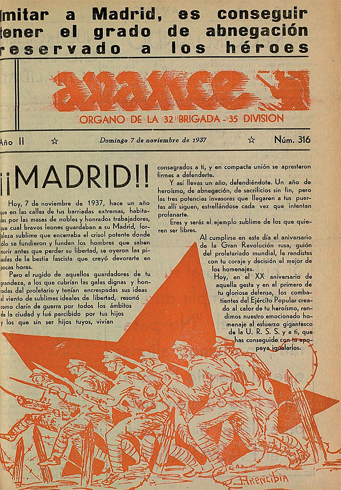 José Arencibia: “¡¡Madrid!!”. Avance, n.º 316, 7 de noviembre de 1937. Hemeroteca Municipal, Madrid.