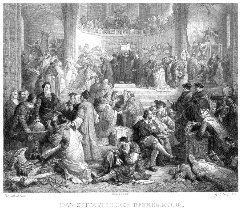 Wilhelm von Kaulbach: "La Era de la Reforma" (1860), pintura mural que decoraba la gran escalera del Neues Museum de Berlín. Grabado de Gustav Eilers, 1868.