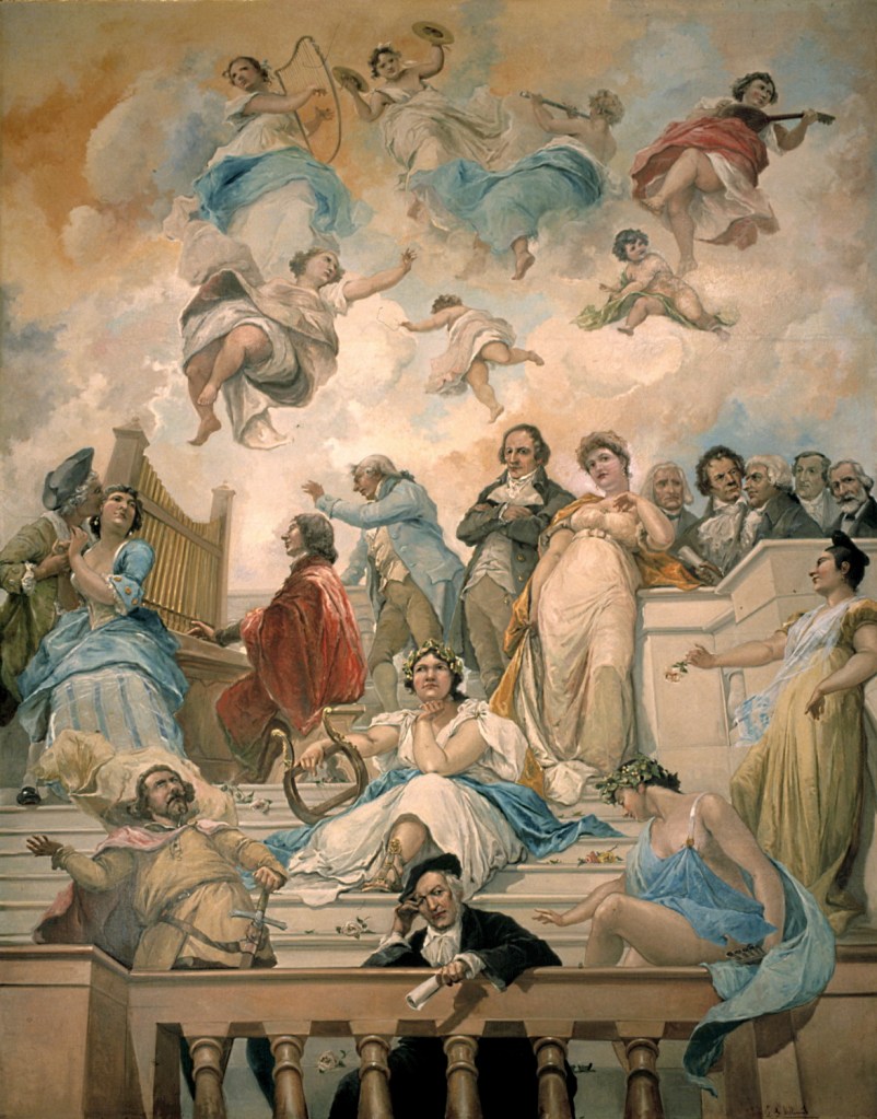 Techo "Alegoría de la Música" (1906-7) por Eugenio Lucas Villamil. Museo Lázaro Galdiano