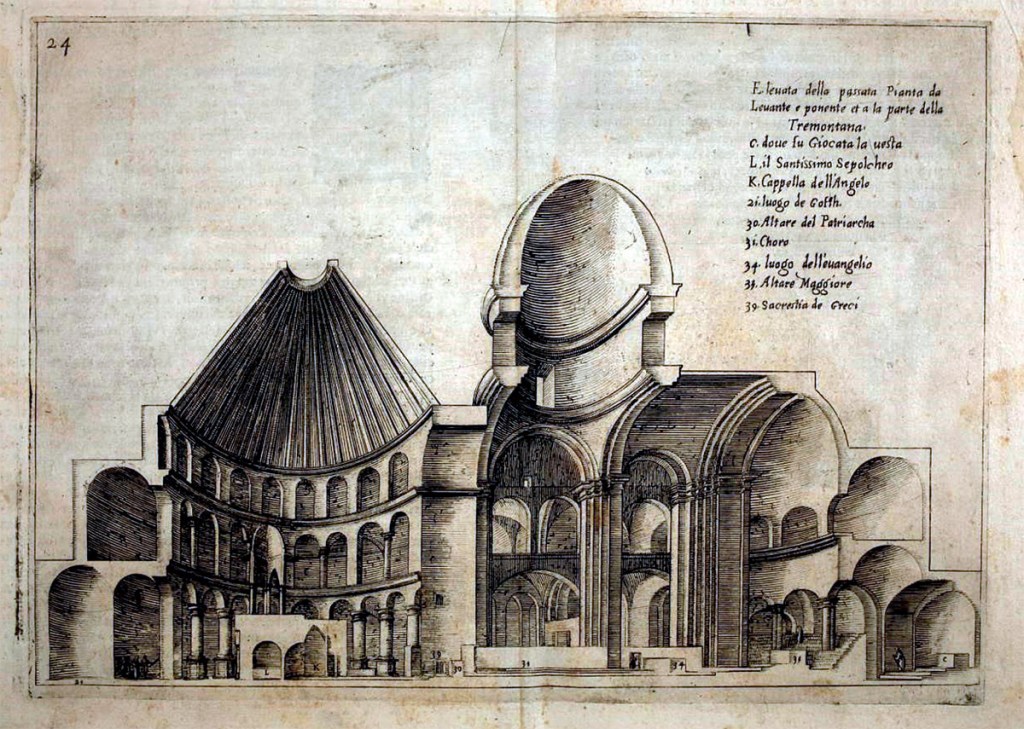 Bernardino Amico da Gallipoli: “Alzado de la cúpula del Santo Sepulcro”, en Trattato delle piante et immagini de Sacri Edifizi di Terra Santa, Roma, 1609.