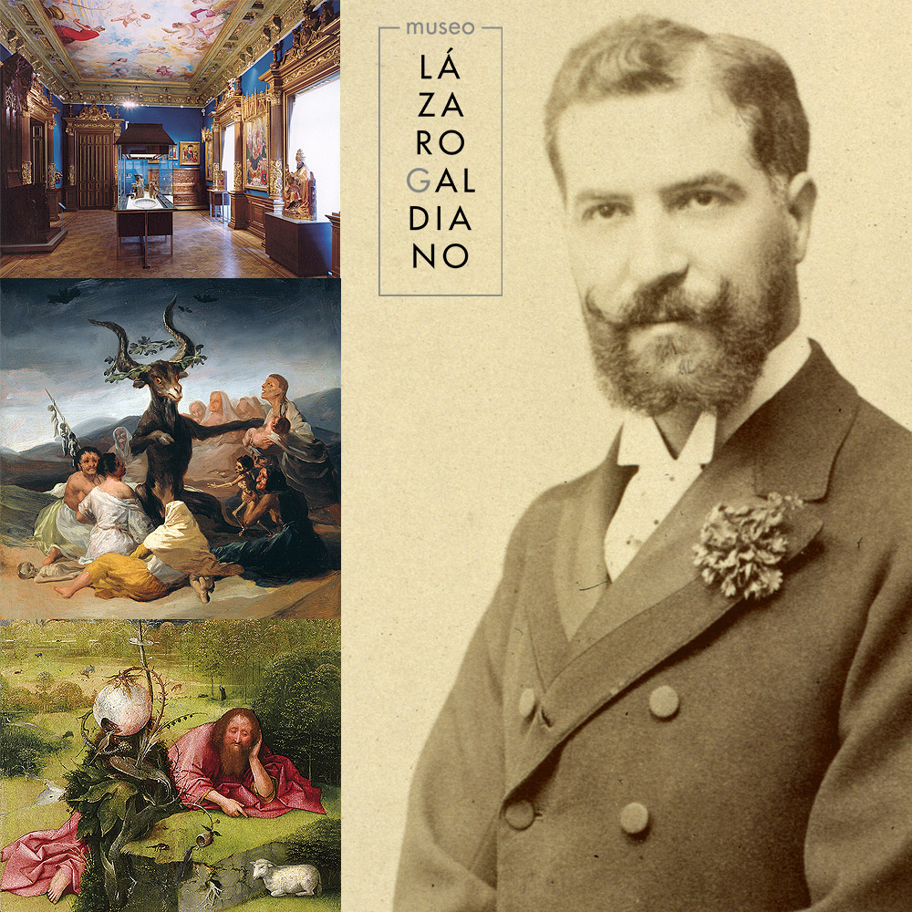 José Lázaro Galdiano, el Palacio de Parque Florido (actual Museo) y dos de las obras más destacadas de su colección: "El Aquelarre" de Goya y las "Meditaciones de San Juan Bautista" del Bosco