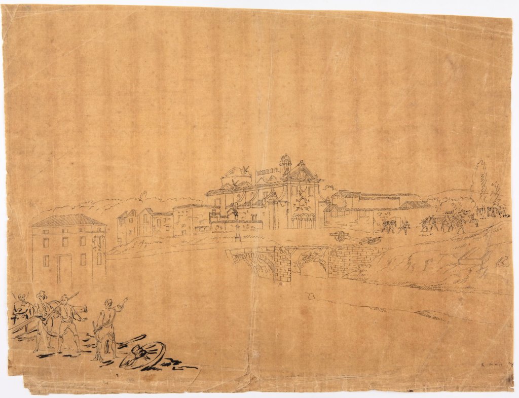 Fig. 4. Fernando Brambila y Juan Gálvez. Vista del convento de San José incendiado por los franceses. 1808. Tinta negra sobre papel muy fino con filigrana “JAN KOOL” bajo escudo. Inv. 8816