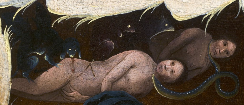 Detalle de "La visión de Tondal". Adán y Eva tras su expulsión del paraíso