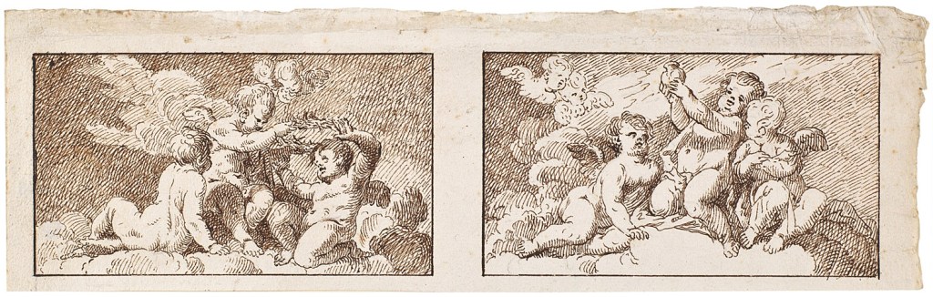 Fig. 8. Antonio González Ruiz. Ángeles niños con atributos de la pasión. Pluma sobre papel agarbanzado. 90 x 293 mm. Museo del Prado. Inv. D003467