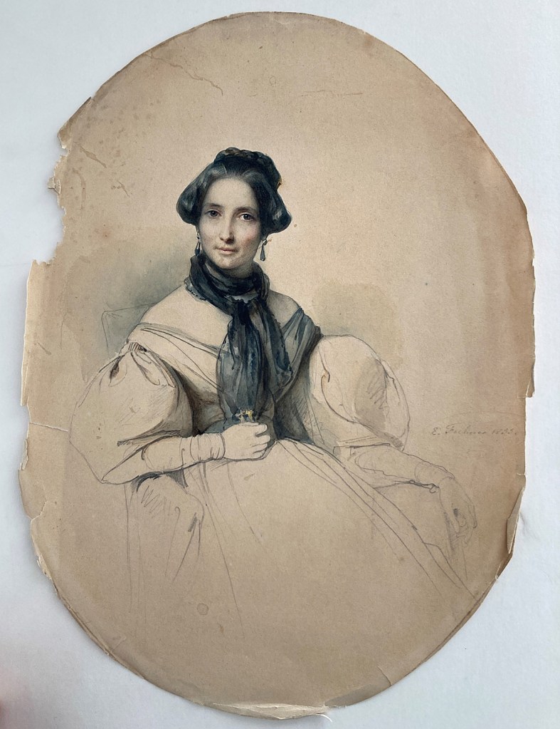 Eduard Fechner: Retrato femenino. Lápiz, aguada de tinta y acuarela sobre papel, 340 x 245 mm. Inv. 12669