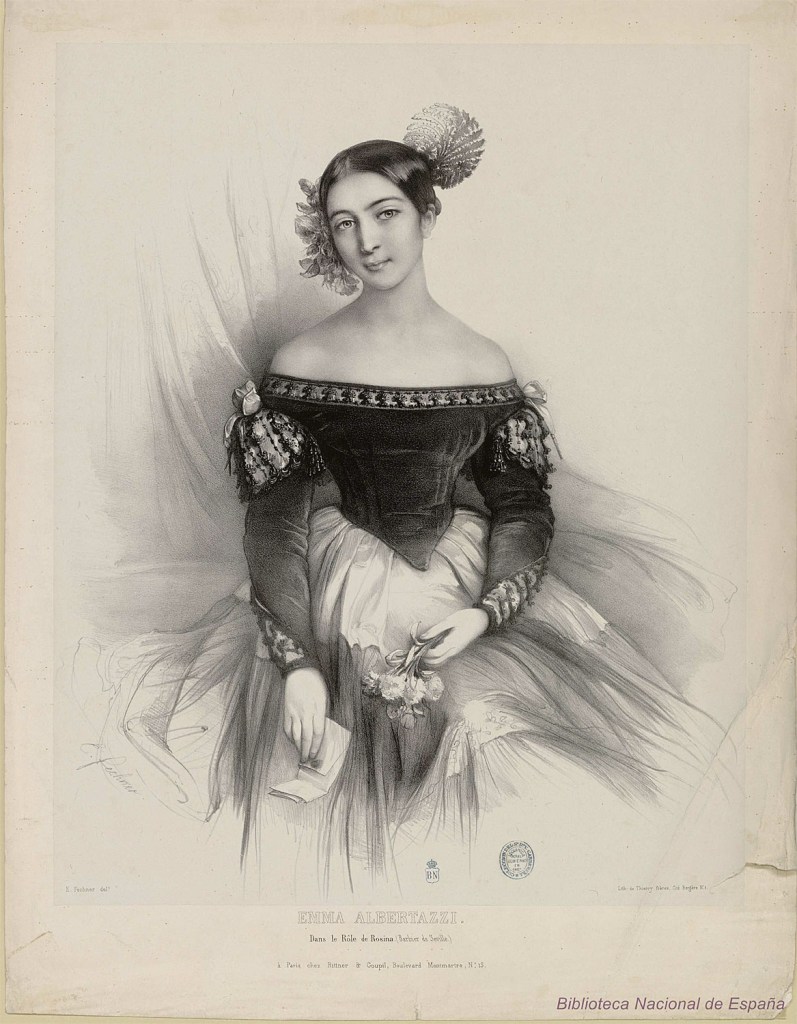 Fig. 4. Eduard Fechner (dibujo) y Thierry frères (litografía). Emma Albertazzi en el papel de Rosina, en El Barbero de Sevilla.  París, 1836-45. Litografía. BNE IBR-205