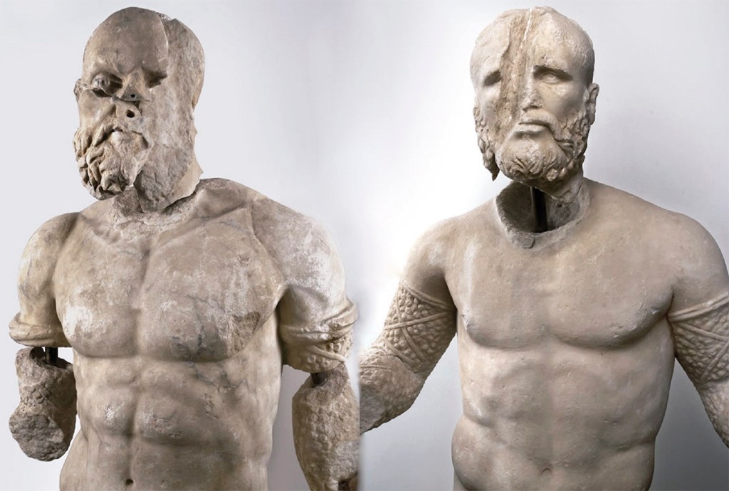 Estatuas fragmentadas de los pugilistas Kandidianos y Piseas. Aphrodisias Museum (Turquía), Inv. LSA-531 y LSA-532