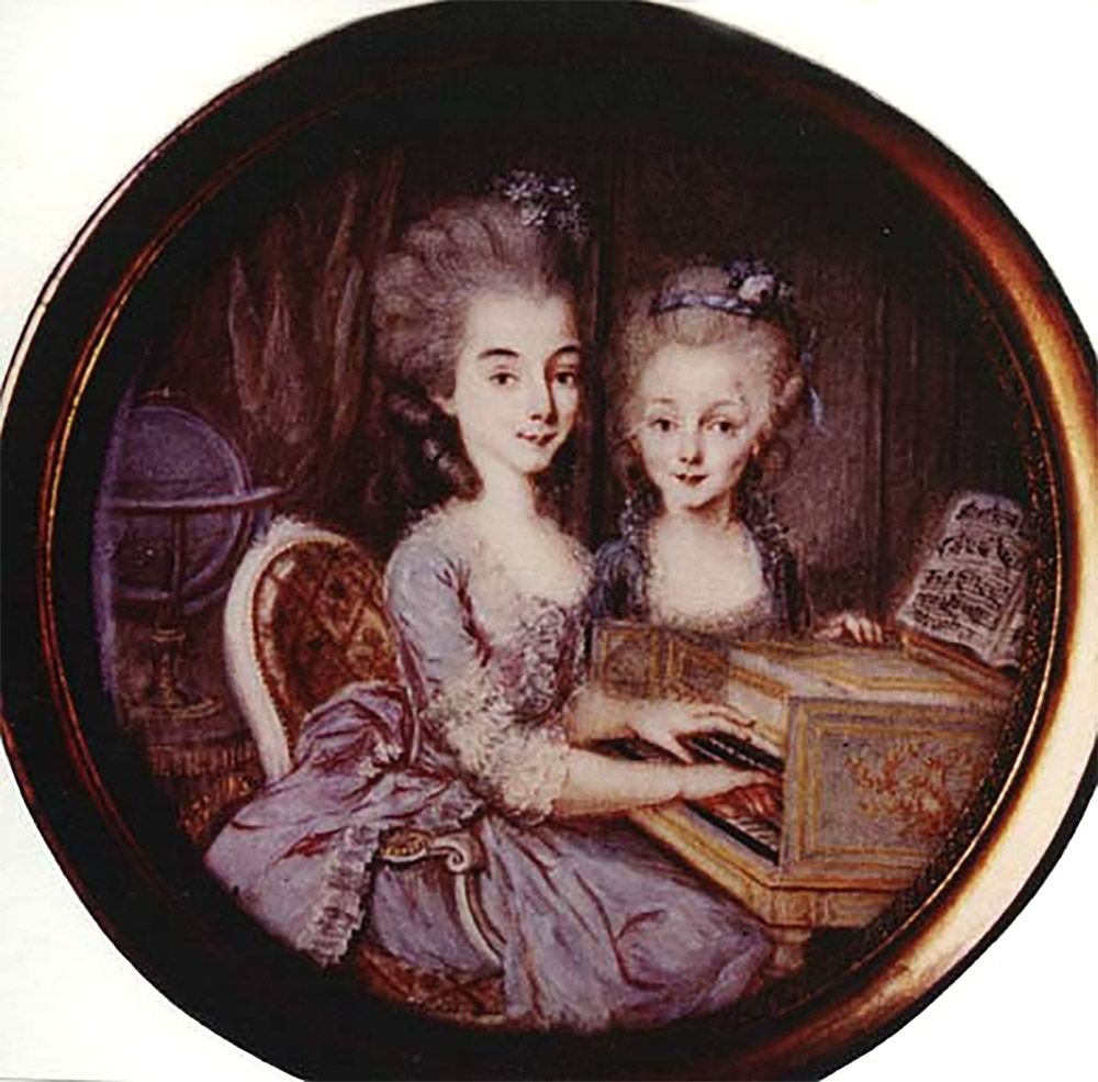"Adélaïde y Anne Sophie Billet tocando la espineta". Gouache sobre marfil, hacia 1775. Colección privada "Adélaïde y Anne Sophie Billet tocando la espineta". Gouache sobre marfil, hacia 1775. Colección privada