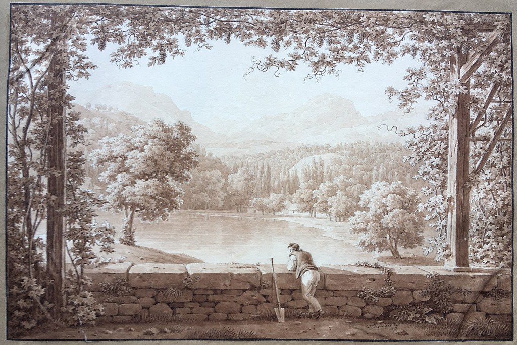 Fig. 13. Paisaje fluvial desde un mirador. 1817. Tinta y aguada, 254 x 385 mm. Inv. 09995