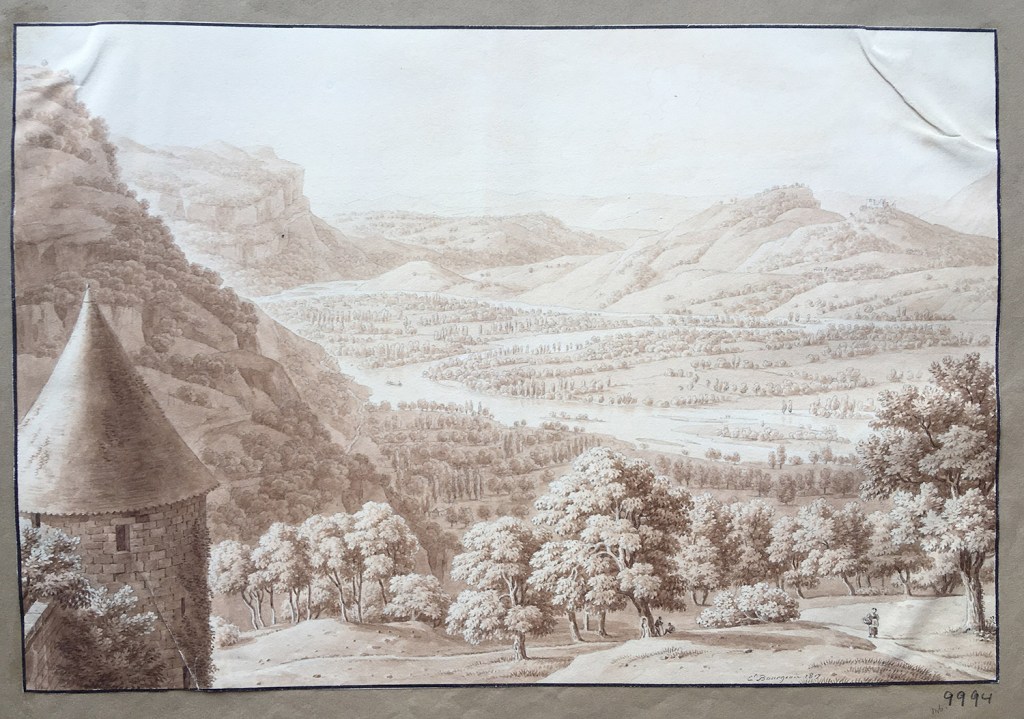 Fig. 12. Vista de un valle tomada desde un castillo. 1817. Tinta y aguada, 251 x 375 mm. Inv. 09994