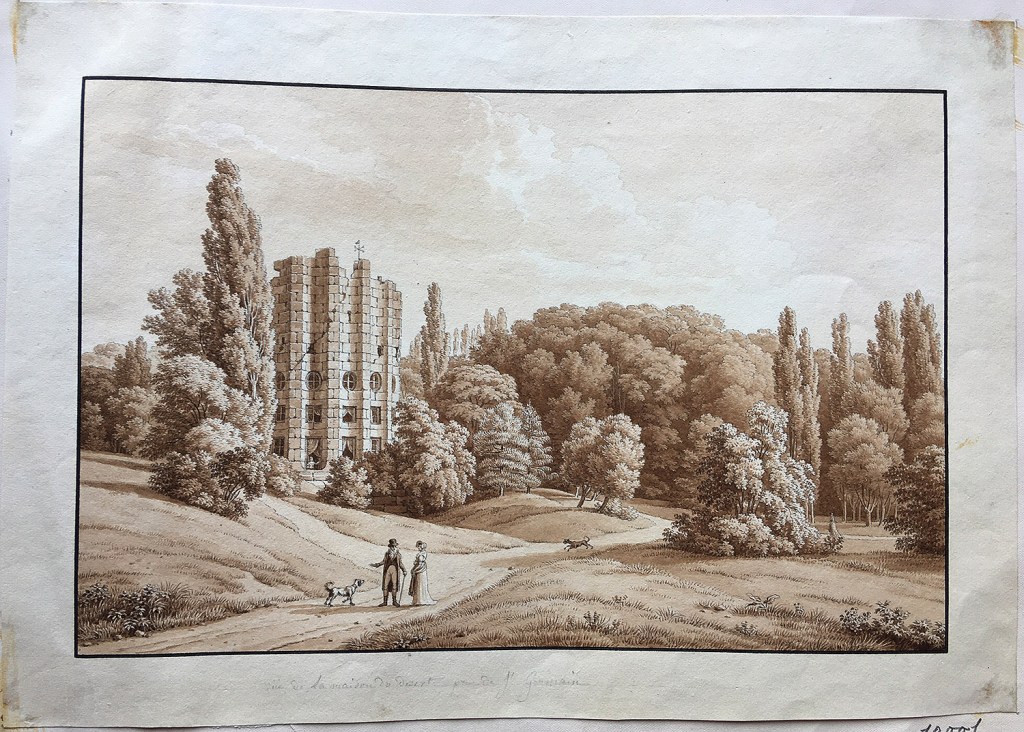 Fig. 7. Constant Bourgeois. Vista de la casa del Jardín Le Désert de Retz, Francia. Ca. 1807. Tinta y aguada, 139 x 288 mm. Inv. 10.001