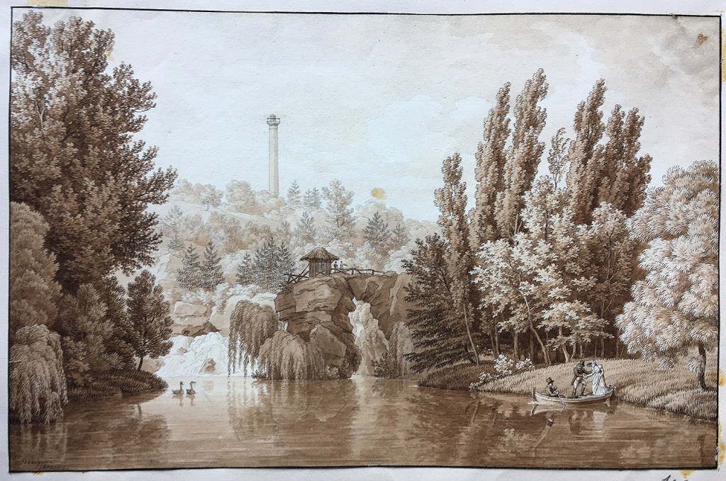 Fig. 6. Constant Bourgeois. Vista de la Gran Cascada del parque de Méréville, Francia. 1807. Tinta y aguada, 189 x 293 mm. Inv. 10.000