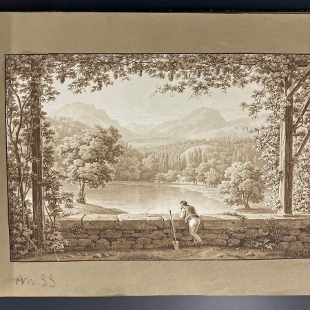 Paisaje fluvial desde un mirador. 1817. Tinta y aguada, 254 x 385 mm. Inv. 09995