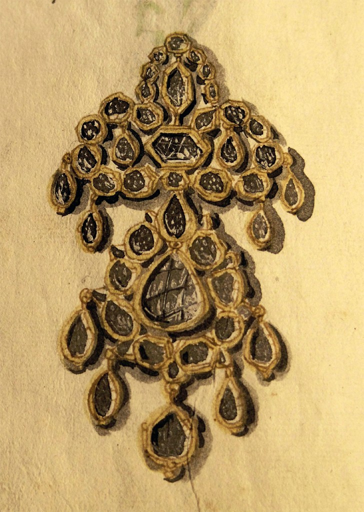 Autoría desconocida, AT-OeStA/FHKA SUS KuR C-1744: Inventar des Schmucks von Maria Anna von Spanien (“Kaiserin und Infantin Mariae Ornat betreffend”), c. 1648, fol. 124r (detalle), Viena, Österreichisches Staatsarchiv (Fotografía de la autora) Autoría desconocida, AT-OeStA/FHKA SUS KuR C-1744: Inventar des Schmucks von Maria Anna von Spanien (“Kaiserin und Infantin Mariae Ornat betreffend”), c. 1648, fol. 124r (detalle), Viena, Österreichisches Staatsarchiv (Fotografía de la autora)