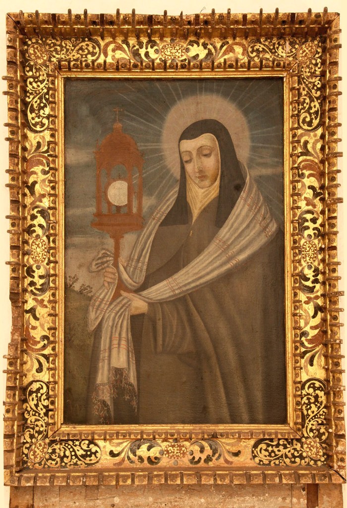 Anónimo, Santa Clara con la custodia, siglo xvii, Monasterio de Santa Clara, Cusco Perú (Fotografía de R. Márquez) Anónimo, Santa Clara con la custodia, siglo xvii, Monasterio de Santa Clara, Cusco Perú (Fotografía de R. Márquez)